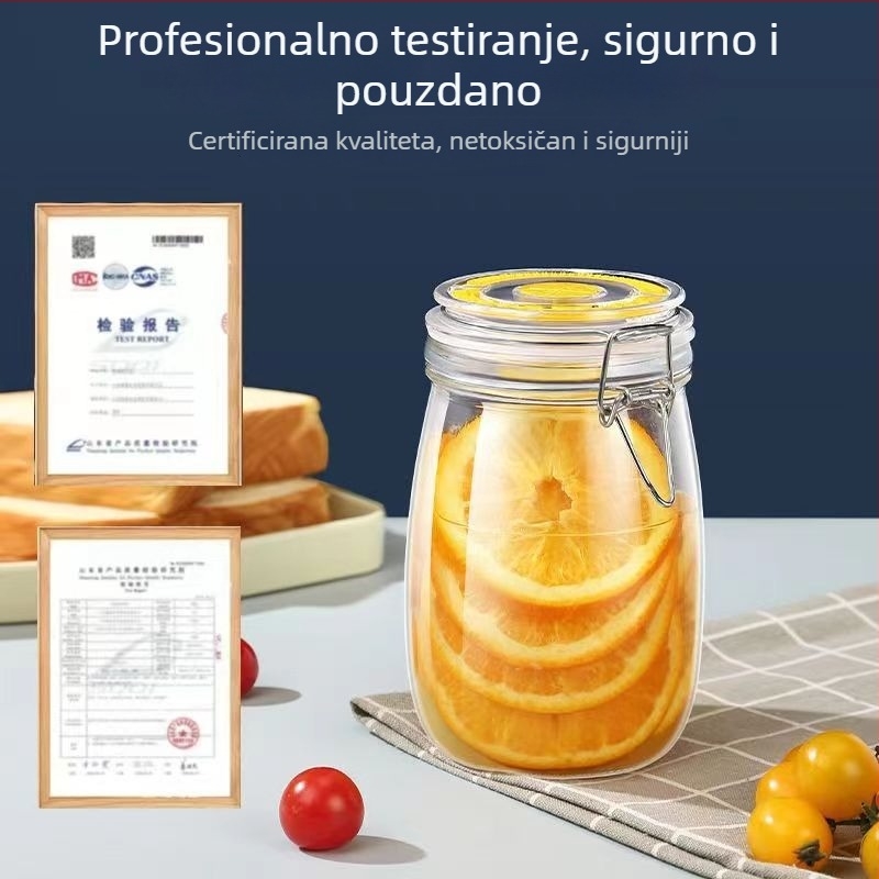 Staklena zatvorena posuda za hranu, pogodna za kiseli krastavci i zimnicu, okrugli spremnik za skladištenje