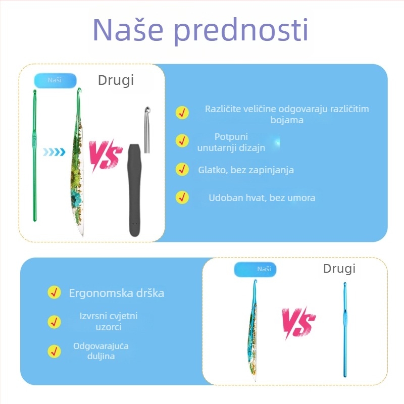 Kuka za kukičanje od kristalne smole s cvjetnim motivom, produžena, metalna, ručna izrada