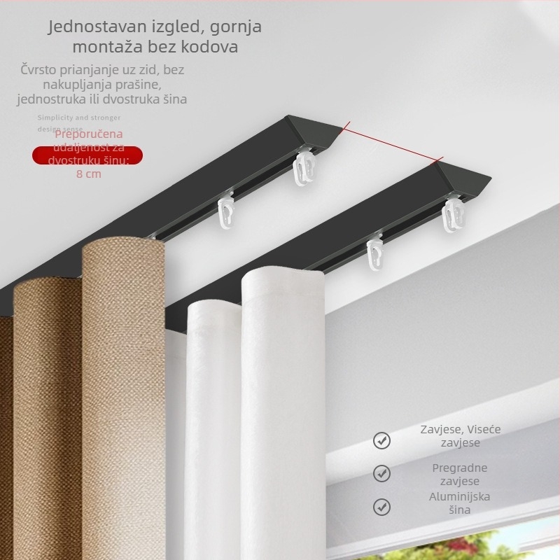 Luksuzna nevidljiva aluminijska tračnica za zavjese sa skrivenim montažom i valovito‑zmijskim profilom za visi zavjese
