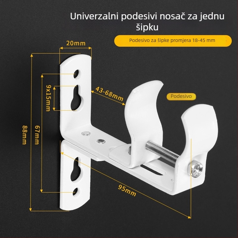 Podesiva konzola za zavjese za rimske šipke s debelom metalnom bazom, za jednu ili dvije šipke, zidni nosač