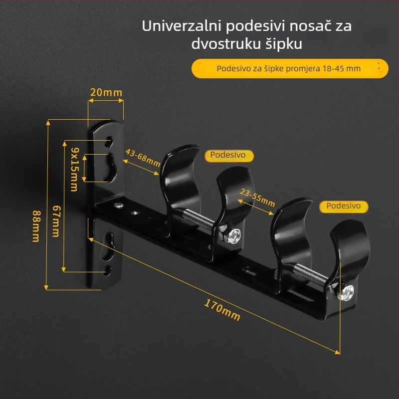 Podesiva konzola za zavjese za rimske šipke s debelom metalnom bazom, za jednu ili dvije šipke, zidni nosač