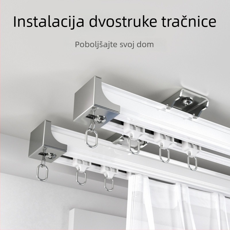 Set aluminijskih zavjesnih tračnica, dvostruka tračnica, tiho klizanje, montaža na strop