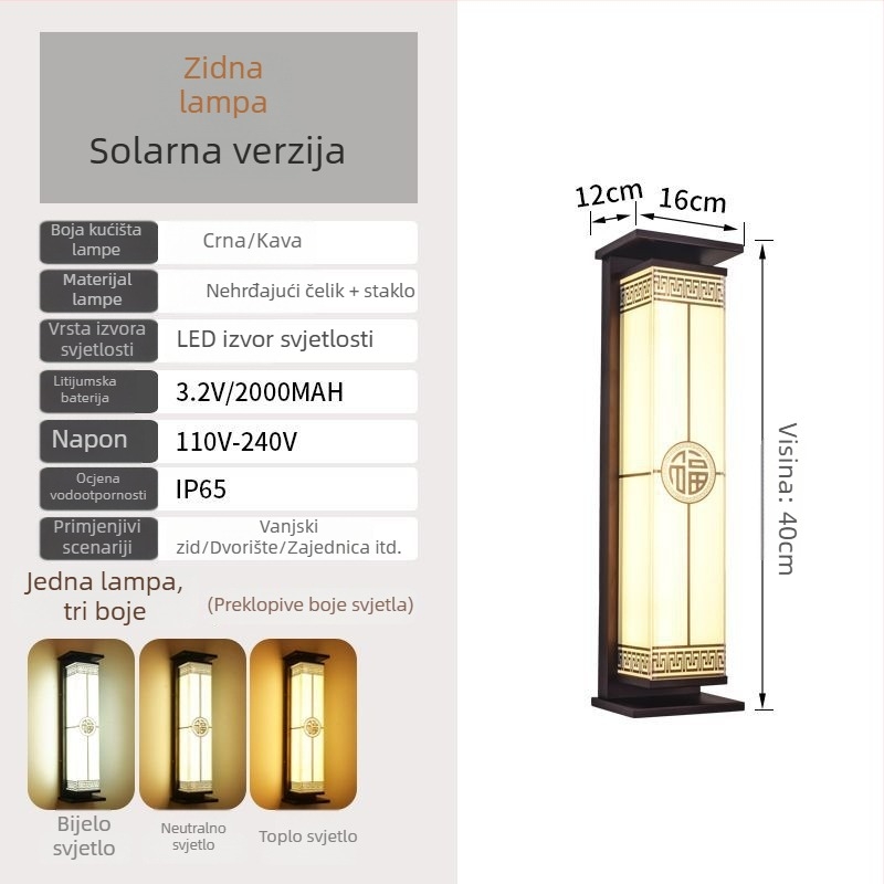 Solarska zidna svjetiljka, modernog kineskog stila, vanjska vodootporna rasvjeta za vilu, dvorište, vrata, balkon i ogradu