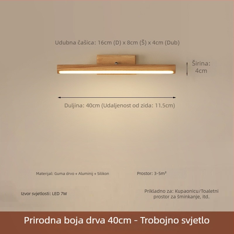 LED zidna svjetiljka u orahovom završnom sloju za kupaonicu, ogledalo i ormarić za šminku
