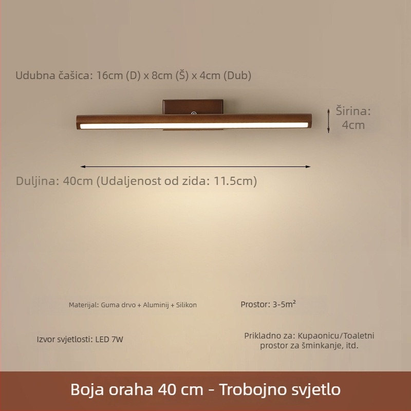 LED zidna svjetiljka u orahovom završnom sloju za kupaonicu, ogledalo i ormarić za šminku