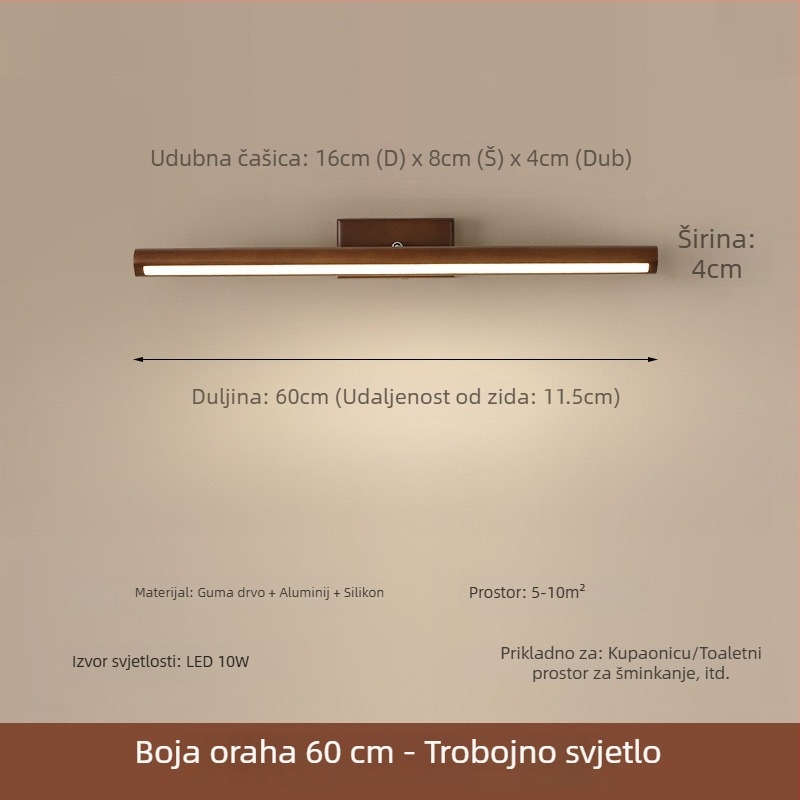 LED zidna svjetiljka u orahovom završnom sloju za kupaonicu, ogledalo i ormarić za šminku