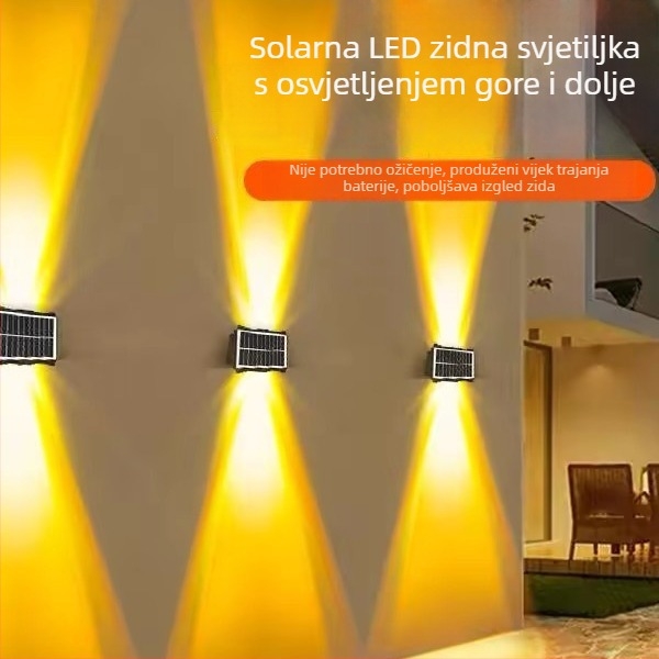 Solarna vanjska zidna svjetiljka s usponom i spuštanjem svjetla, dekorativno osvjetljenje dvorišta, zidni montažni, podesiva, IP65, mogućnosti boja: topla bijela, bijela topla, šarena, zlatna