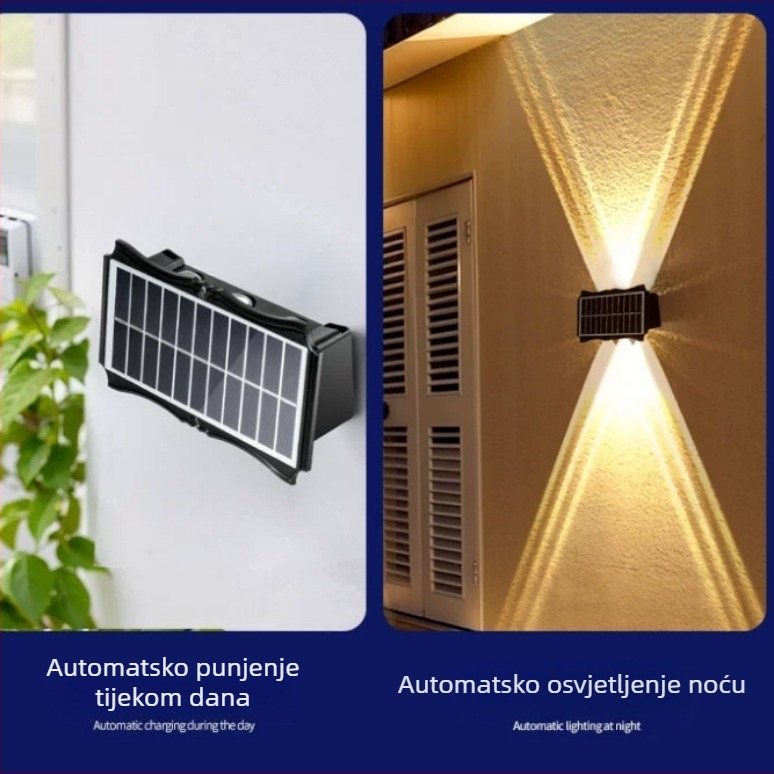 Solarna vanjska zidna svjetiljka s usponom i spuštanjem svjetla, dekorativno osvjetljenje dvorišta, zidni montažni, podesiva, IP65, mogućnosti boja: topla bijela, bijela topla, šarena, zlatna