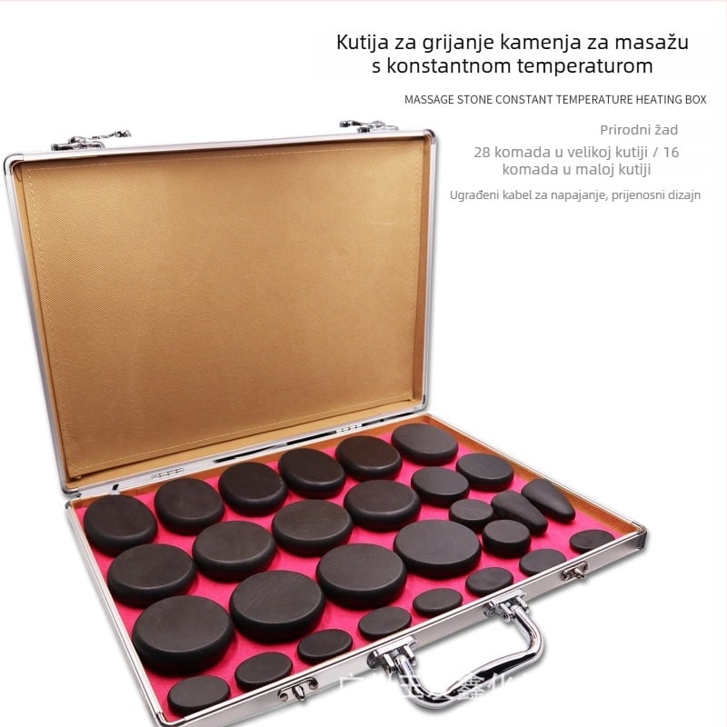 Set masažnih kamenova Bianstone s kutijom za održavanje konstantne temperature, 28 komada, 16 energetskih kamenova za spa i parnu terapiju