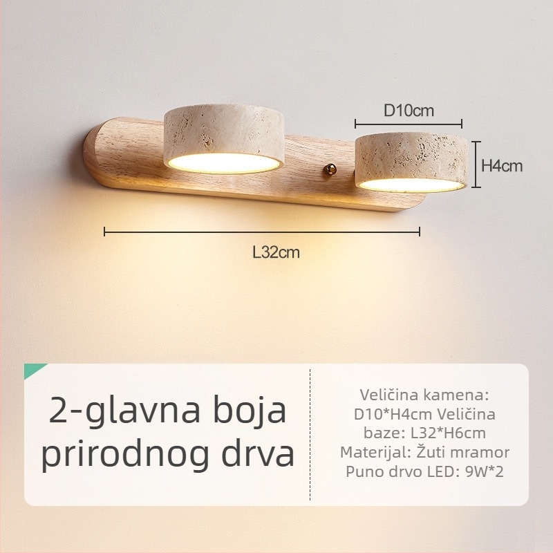 Retro zidna lampa s orahovim drvom i žutim travertinskim sjenilom, pogodna za toaletni stol i kupaonski ogledalo