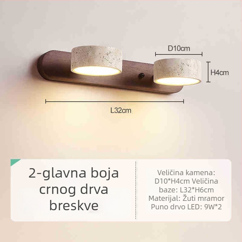 Retro zidna lampa s orahovim drvom i žutim travertinskim sjenilom, pogodna za toaletni stol i kupaonski ogledalo