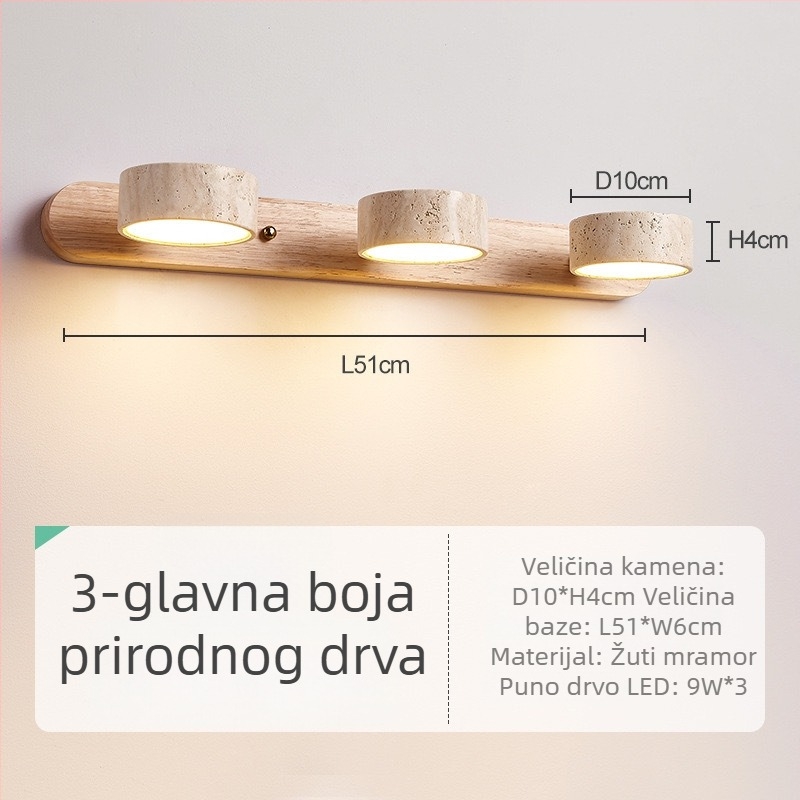 Retro zidna lampa s orahovim drvom i žutim travertinskim sjenilom, pogodna za toaletni stol i kupaonski ogledalo