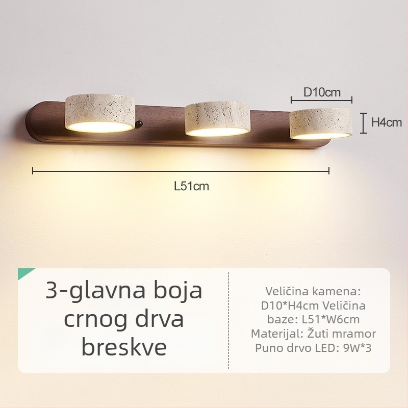 Retro zidna lampa s orahovim drvom i žutim travertinskim sjenilom, pogodna za toaletni stol i kupaonski ogledalo