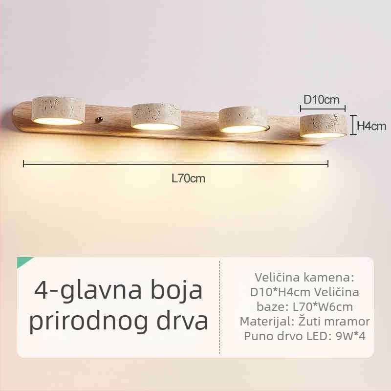 Retro zidna lampa s orahovim drvom i žutim travertinskim sjenilom, pogodna za toaletni stol i kupaonski ogledalo