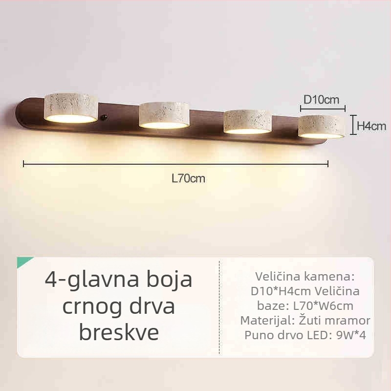 Retro zidna lampa s orahovim drvom i žutim travertinskim sjenilom, pogodna za toaletni stol i kupaonski ogledalo