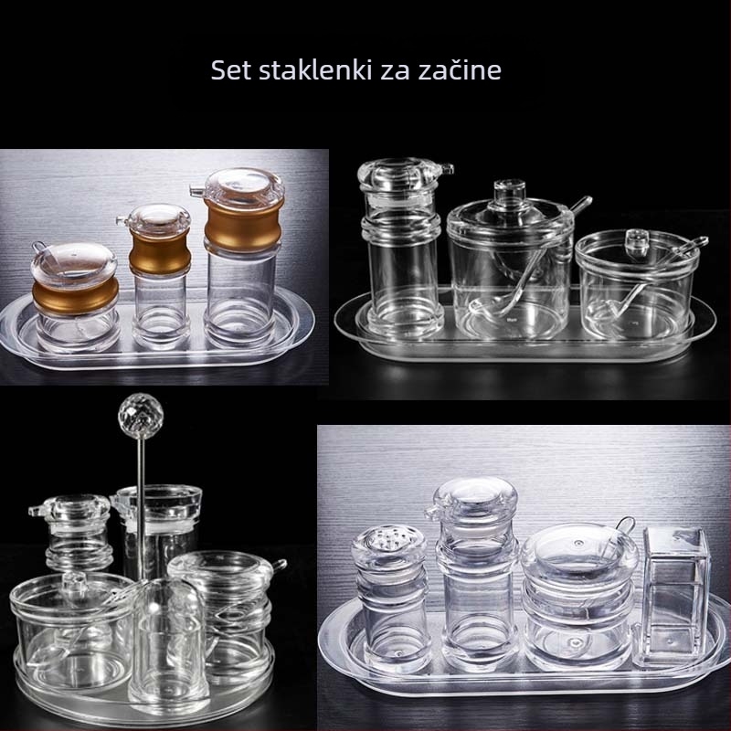 Prozirni akrilni set posuda za začinske smjese u kuhinji – bočice octa i stakene posude za čili