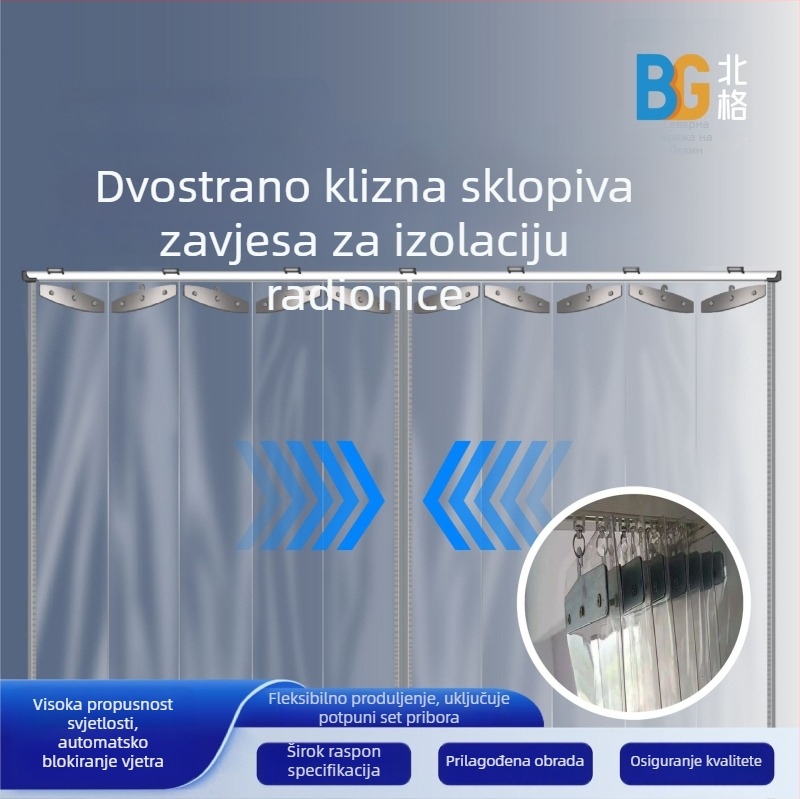 Prozirna PVC zavjesa za vrata s aluminijskim vodilom, klizna, za komercijalnu uporabu