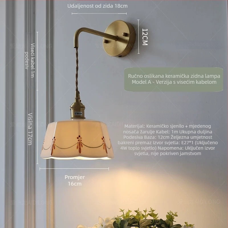 Keramična zidna lampa u Zen-stilu za spavaću sobu i hodnik, s povlačnim prekidačem, LED rasvjeta