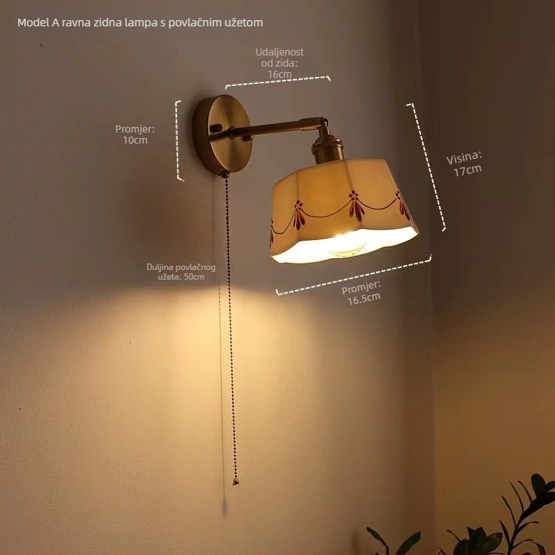 Keramična zidna lampa u Zen-stilu za spavaću sobu i hodnik, s povlačnim prekidačem, LED rasvjeta