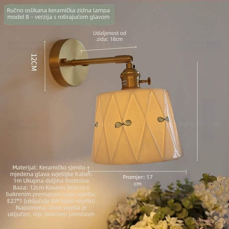 Keramična zidna lampa u Zen-stilu za spavaću sobu i hodnik, s povlačnim prekidačem, LED rasvjeta