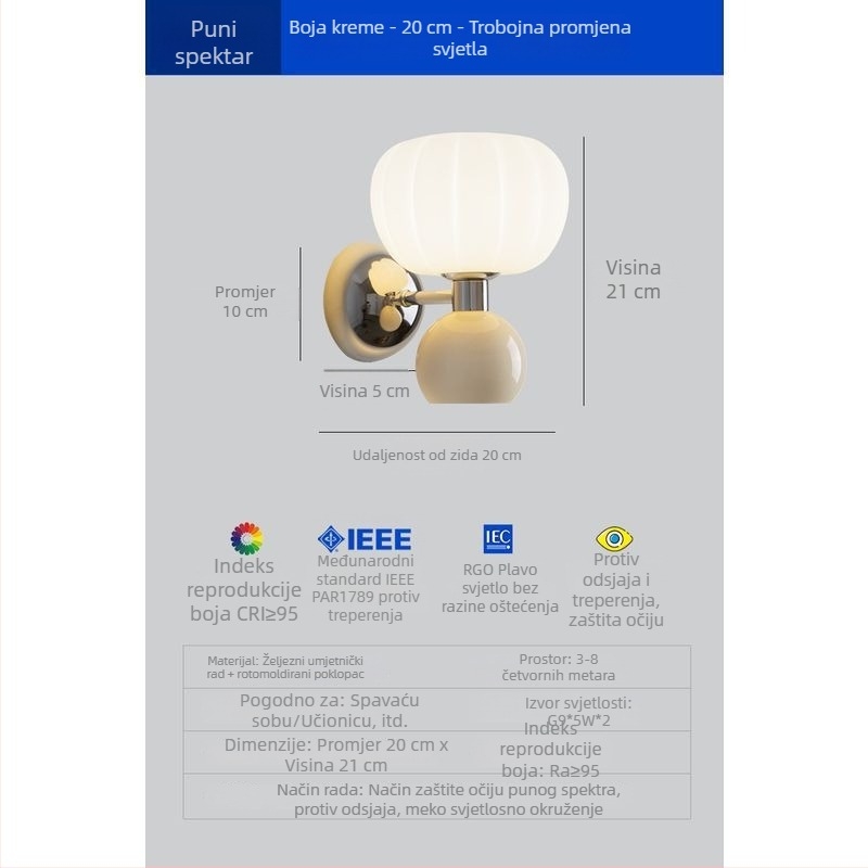 Stenska lampa u obliku tikve za spavaću sobu uz krevet, zaštita očiju, francuski retro krem stil, pogodna kao pozadinsko zidno osvjetljenje dnevnog boravka i atmosfera u dječjoj sobi za učenje