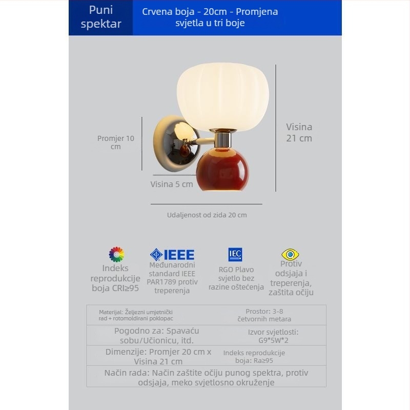 Stenska lampa u obliku tikve za spavaću sobu uz krevet, zaštita očiju, francuski retro krem stil, pogodna kao pozadinsko zidno osvjetljenje dnevnog boravka i atmosfera u dječjoj sobi za učenje