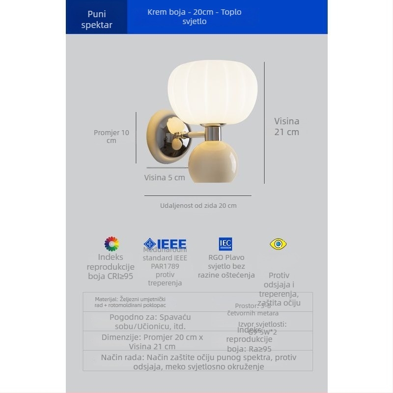 Stenska lampa u obliku tikve za spavaću sobu uz krevet, zaštita očiju, francuski retro krem stil, pogodna kao pozadinsko zidno osvjetljenje dnevnog boravka i atmosfera u dječjoj sobi za učenje