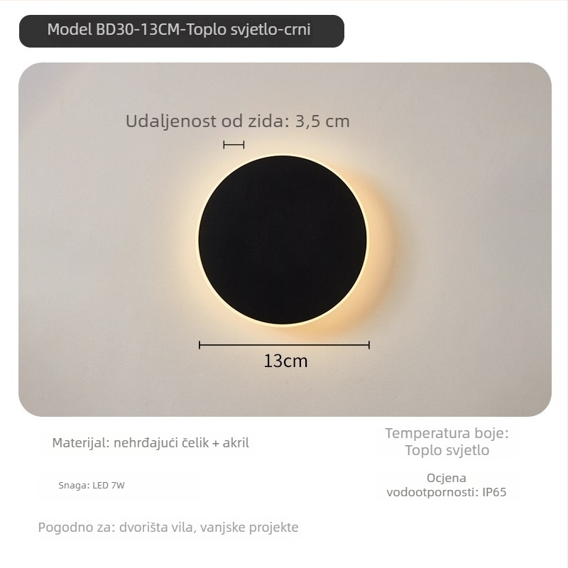 Okrugla vanjska LED zidna svjetiljka, vodootporna, skandinavskog minimalističkog stila, IP65, za vanjske zidove, hodnik i ulaz