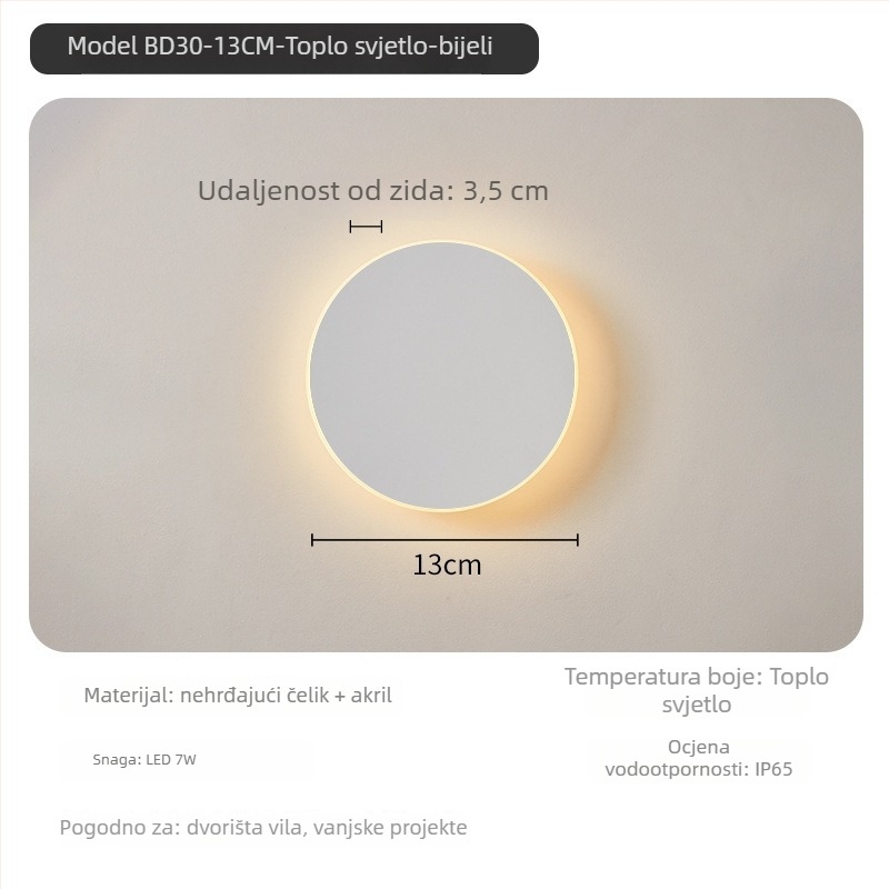 Okrugla vanjska LED zidna svjetiljka, vodootporna, skandinavskog minimalističkog stila, IP65, za vanjske zidove, hodnik i ulaz