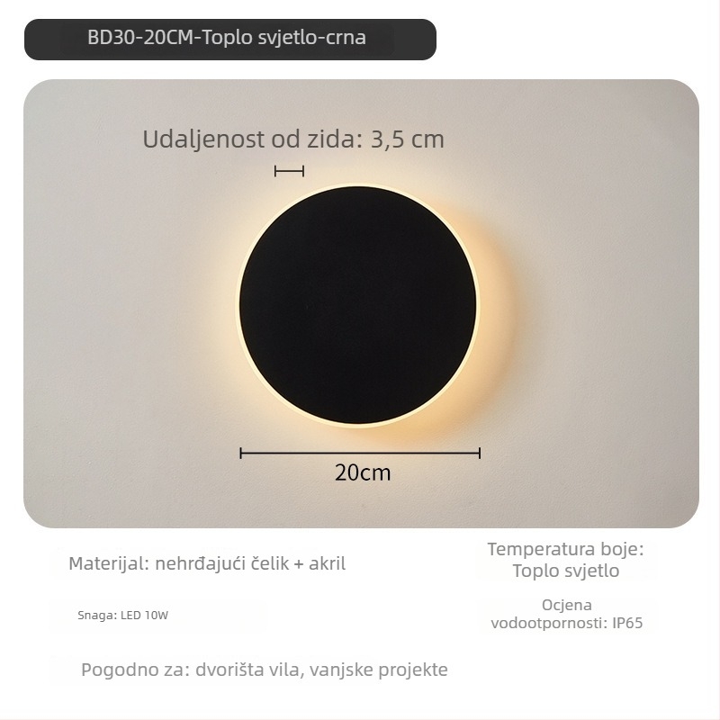 Okrugla vanjska LED zidna svjetiljka, vodootporna, skandinavskog minimalističkog stila, IP65, za vanjske zidove, hodnik i ulaz