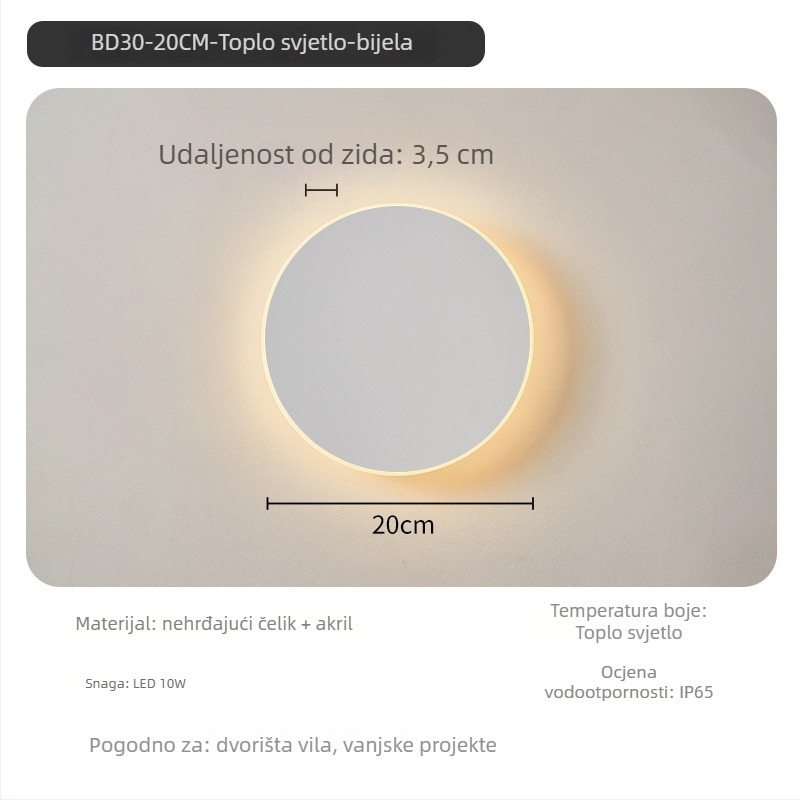 Okrugla vanjska LED zidna svjetiljka, vodootporna, skandinavskog minimalističkog stila, IP65, za vanjske zidove, hodnik i ulaz