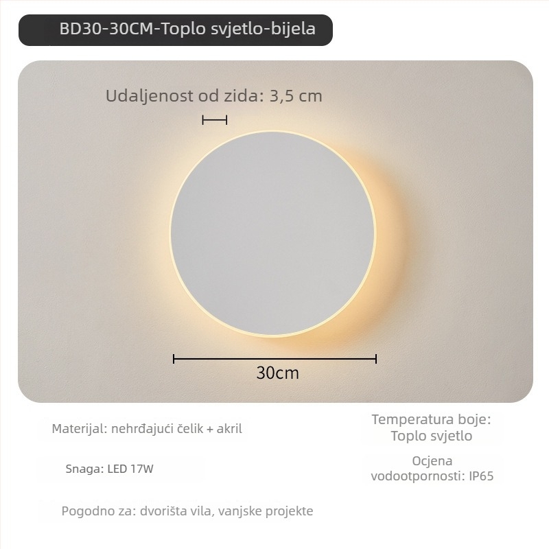 Okrugla vanjska LED zidna svjetiljka, vodootporna, skandinavskog minimalističkog stila, IP65, za vanjske zidove, hodnik i ulaz