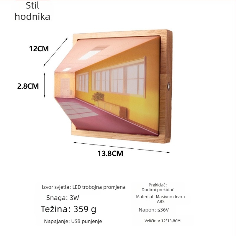 Prilagođena 3D iluzijska noćna lampica, drvena zidna lampa, bez bušenja, ambijentalno LED osvjetljenje