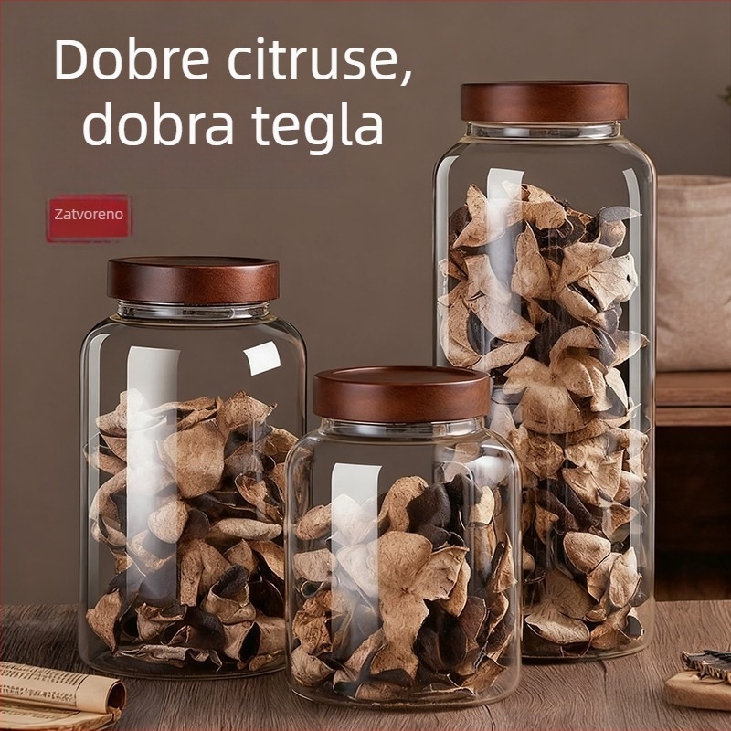 Specijalizirana staklena posuda za skladištenje narančine kore, velika kapaciteta, hermetički zatvara, prehrambena kvaliteta