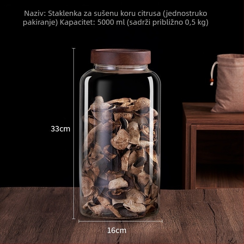 Specijalizirana staklena posuda za skladištenje narančine kore, velika kapaciteta, hermetički zatvara, prehrambena kvaliteta