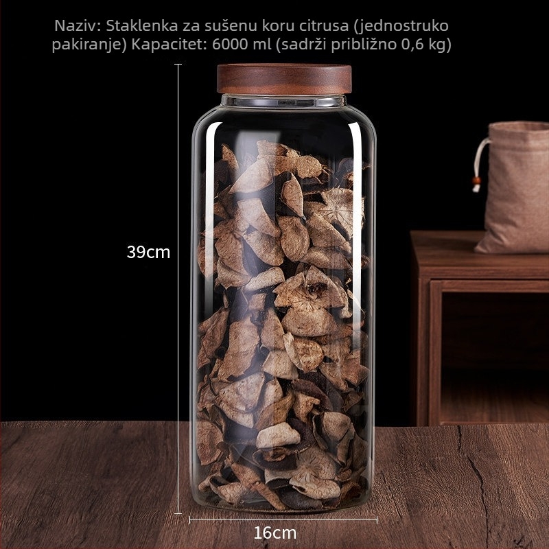 Specijalizirana staklena posuda za skladištenje narančine kore, velika kapaciteta, hermetički zatvara, prehrambena kvaliteta