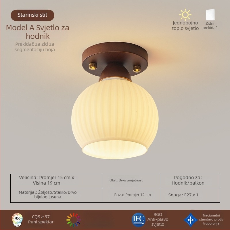 Stropna lampa od orahovog drveta za hodnik, predsoblje, balkon i garderobu — retro stil