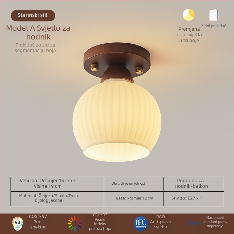 Stropna lampa od orahovog drveta za hodnik, predsoblje, balkon i garderobu — retro stil