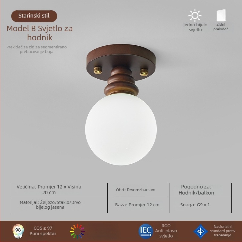 Stropna lampa od orahovog drveta za hodnik, predsoblje, balkon i garderobu — retro stil