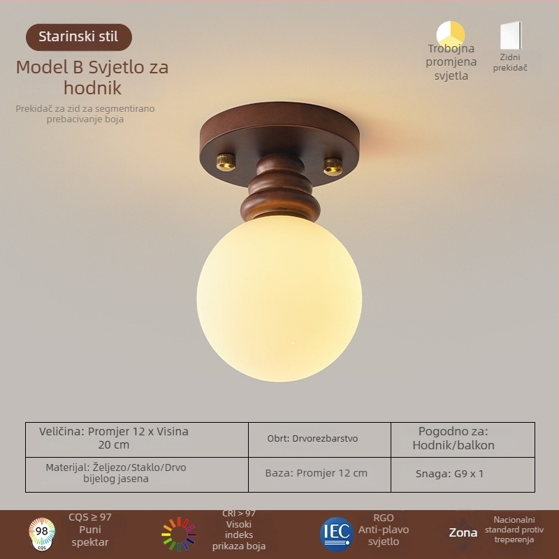 Stropna lampa od orahovog drveta za hodnik, predsoblje, balkon i garderobu — retro stil