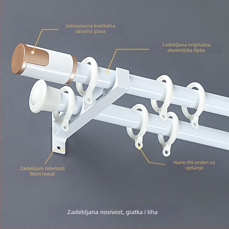 Aluminijska zavjesna šina s debelim rimskim štapom, dvostruka šina, jednodijelni štap, tiha