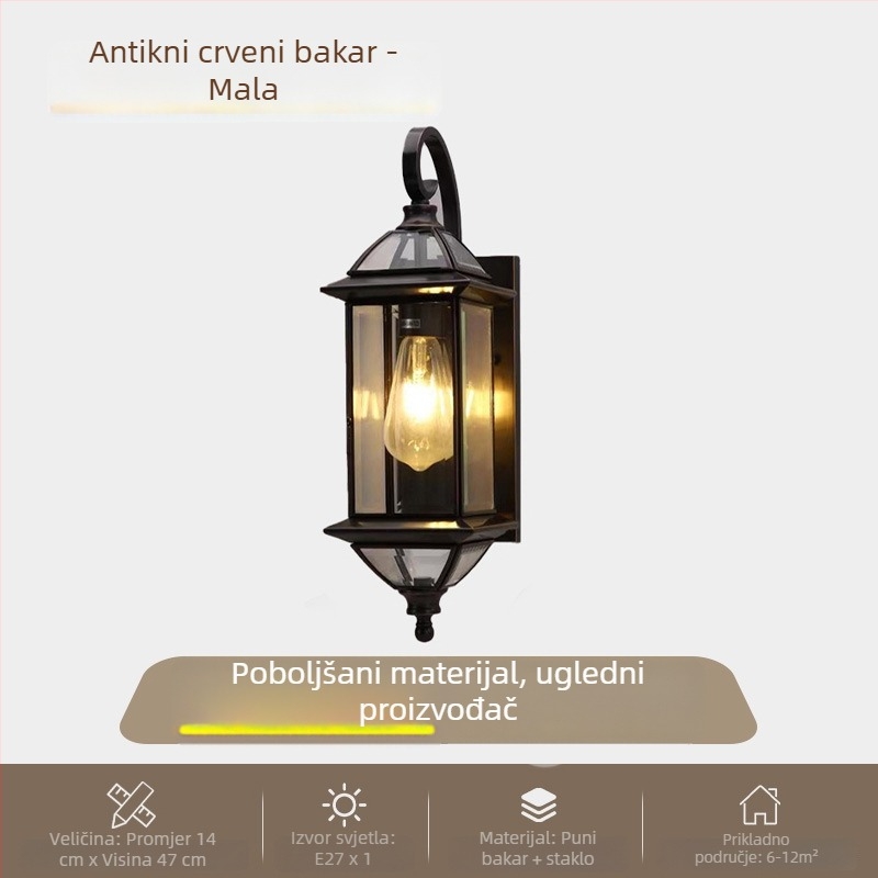 Vanjska zidna svjetiljka za dvorište i vrata, potpuno bakrena, retro nostalgični dizajn