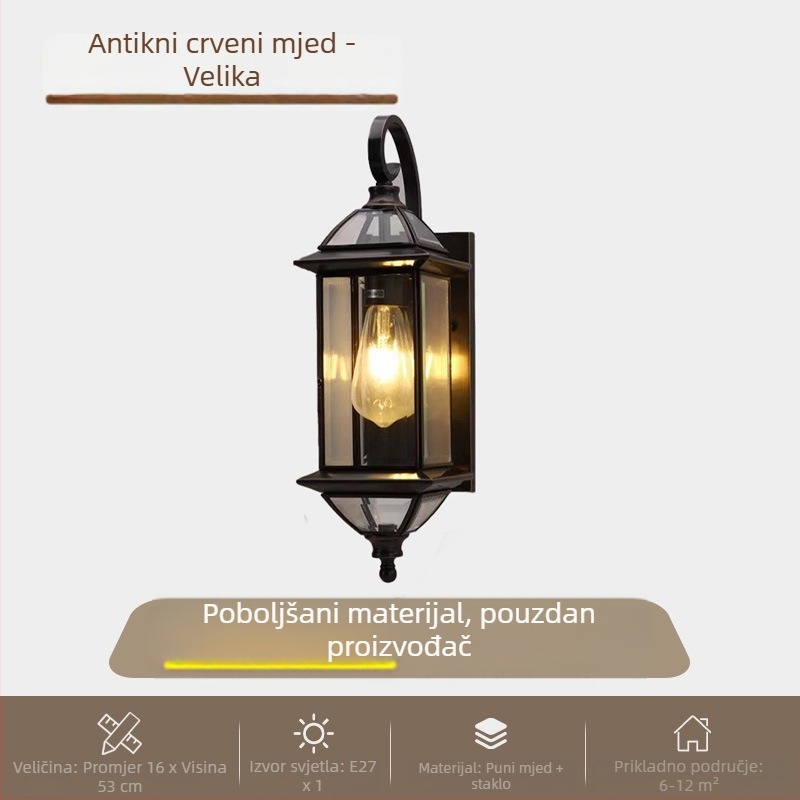 Vanjska zidna svjetiljka za dvorište i vrata, potpuno bakrena, retro nostalgični dizajn