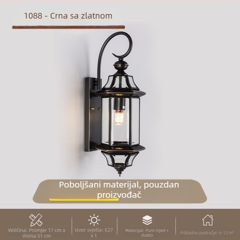 Vanjska zidna svjetiljka za dvorište i vrata, potpuno bakrena, retro nostalgični dizajn
