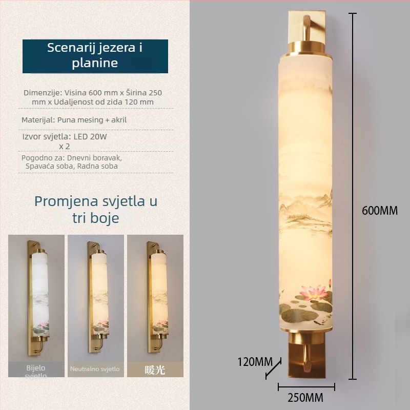 Nova zidna lampa u kineskom stilu od čitavog bakra, Zen inspirirana, za čajnu sobu, dnevni boravak, uz krevet i hodnik