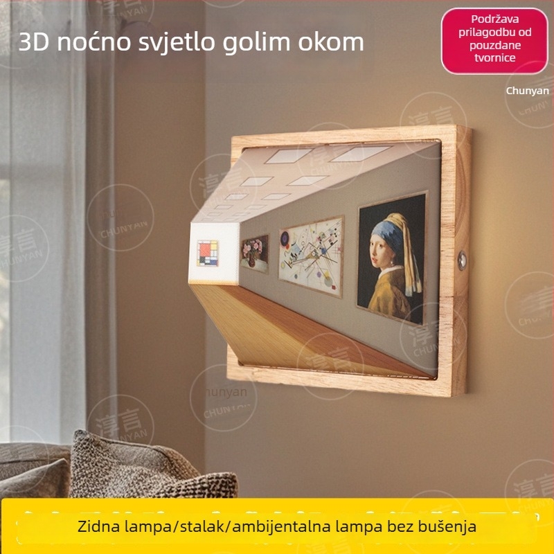 Prilagođena 3D noćna lampica bez naočala, drvena zidna svjetiljka za dnevni boravak, bez bušenja, ambijentalno osvjetljenje