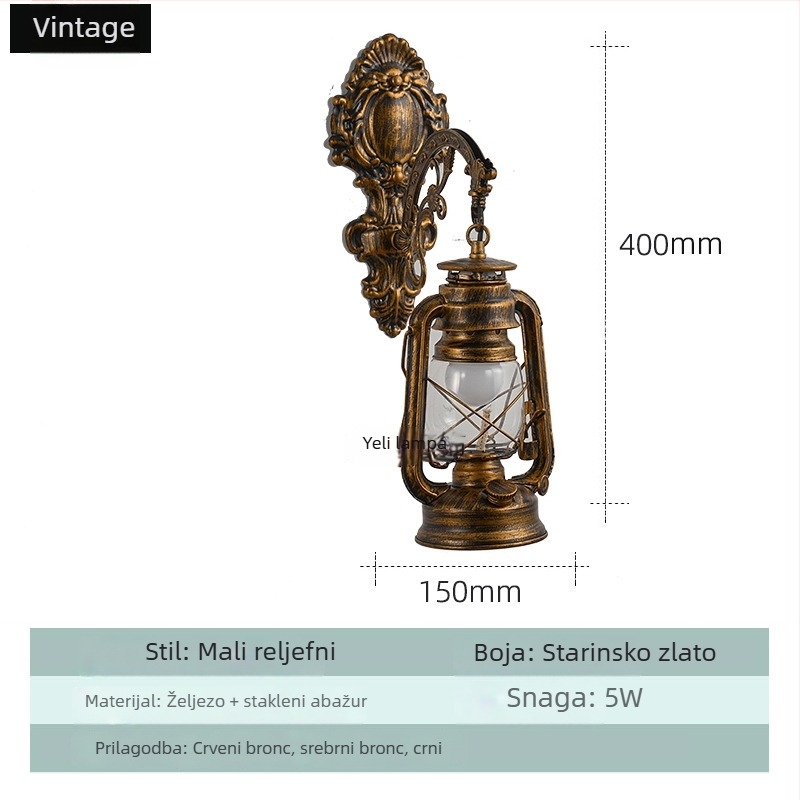 Vintage zidna lampa s staklenim sjenilom, željezno tijelo, LED osvjetljenje
