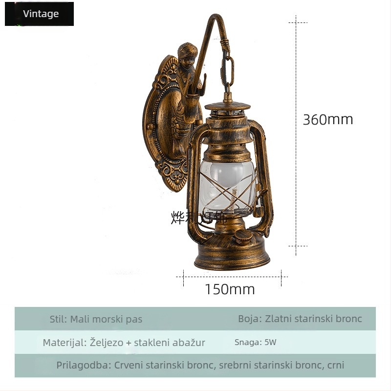 Vintage zidna lampa s staklenim sjenilom, željezno tijelo, LED osvjetljenje