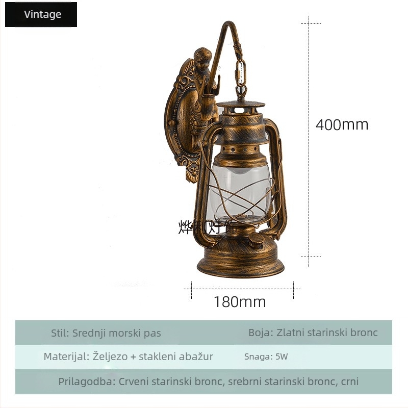 Vintage zidna lampa s staklenim sjenilom, željezno tijelo, LED osvjetljenje