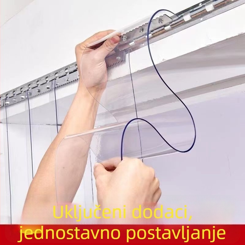 Prilagođena PVC zavjesa za vrata, otporna na vjetar i toplina, prozirna, zaštita od prašine, barijera protiv masnih para i komaraca, s navijanjem kroz cijev
